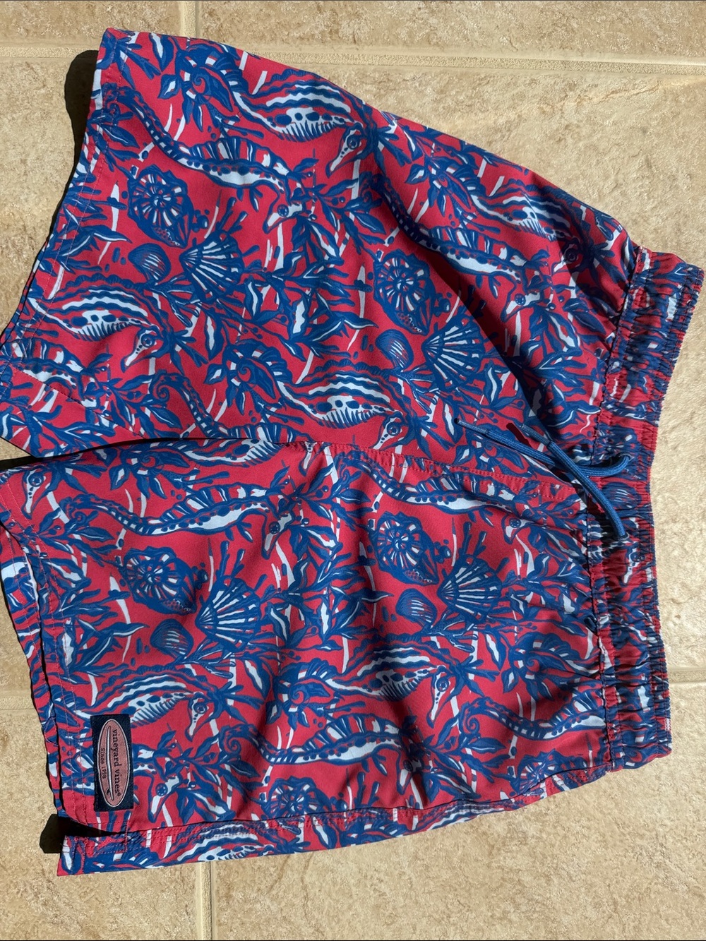 Vineyard Vines Kids Swim Trunks in Red and Blue Shell Print M